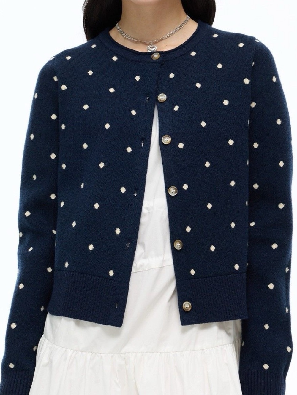 Navy Polka Dot Crewneck Cardigan Sweater - Women's